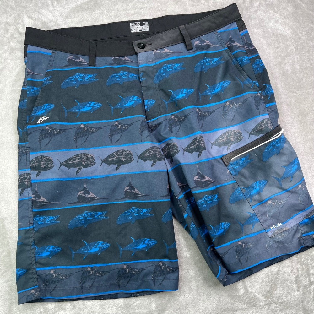 Huk KC Scott Fish Hybrid Shorts Mens 38 Blue Black Performance‎ Board Fish 12"